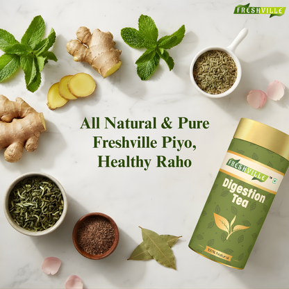 Freshville Digestion Tea | Improves Digestion, Bloating, Gas and Acidity relief with Herbs Ginger, Fennel, Ajwain, Mint, Senna leaves, Rose petals, Bay leaves, Green tea, 100gm