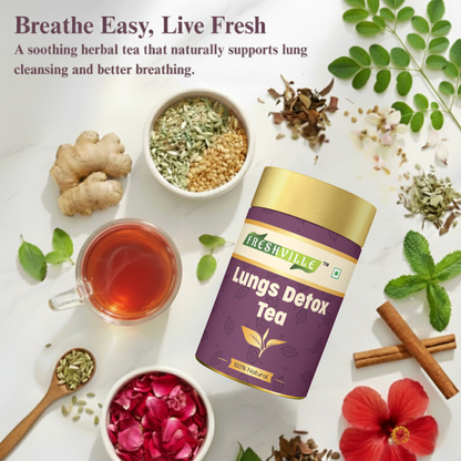 Freshville Lungs Detox Tea | Helps Quit Smoking And Clean Lungs with Herbs Moringa, Rose Petals, Peppermint, Lemongrass, Hibiscus, Cinnamon, Mulethi, Tulsi, Fenugreek, Ginger, Green Tea 45 month