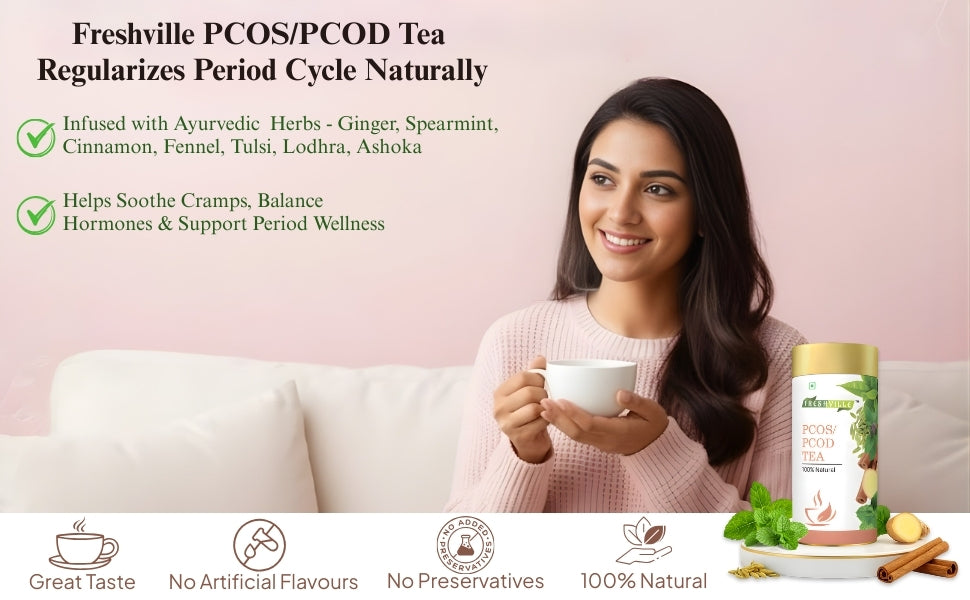 Freshville PCOS PCOD Tea | Regularizes period cycle with herbs Ginger, Fenugreek, Spearmint, Cinnamon, Fennel, Tulsi, Lodhra, Ashoka 100 Gm