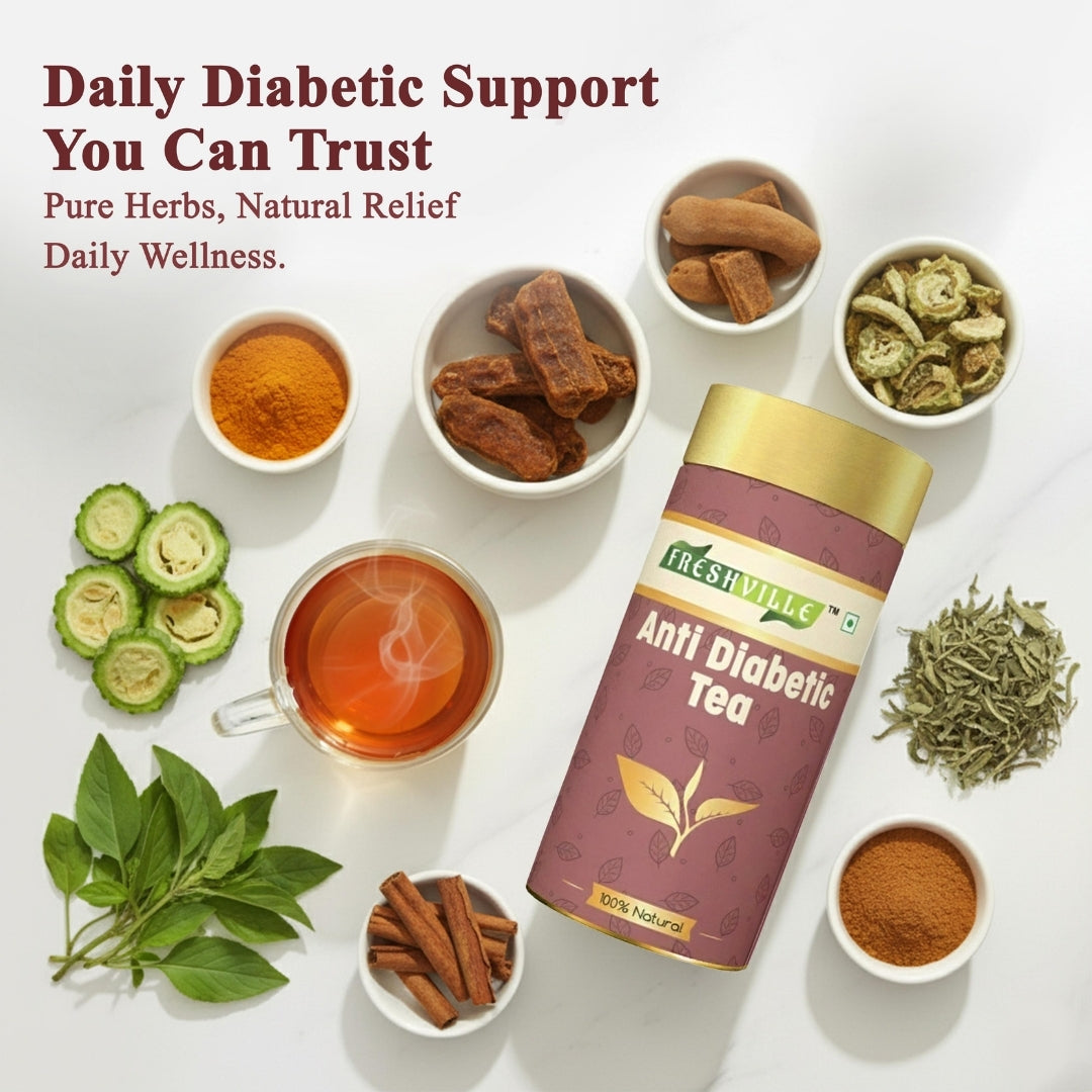 Freshville Anti Diabetic Tea | Control Blood Sugar level with herbs Turmeric, Tamarind, Karela, Tulsi, Cinnamon, Gurmar , 3 month