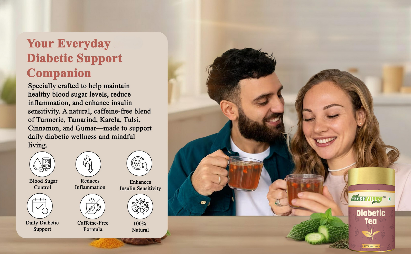 Freshville Anti Diabetic Tea | Control Blood Sugar level with herbs Turmeric, Tamarind, Karela, Tulsi, Cinnamon, Gurmar , 50gm