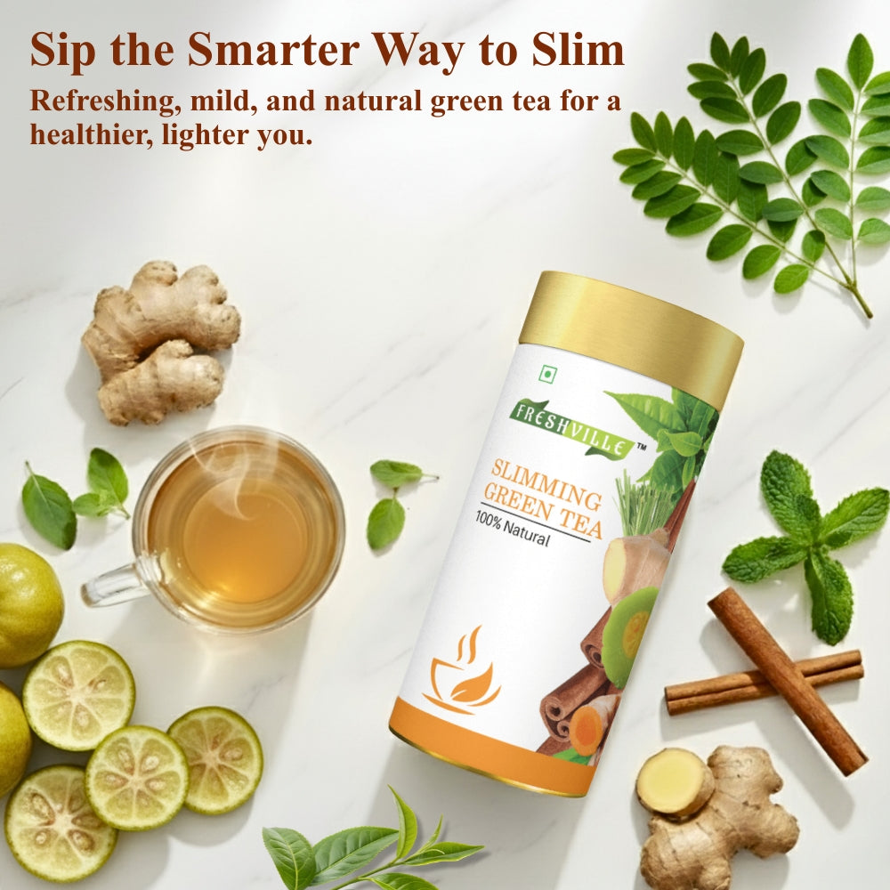 Freshville Slimming Green Tea | Burn Fat Easily with Herbs Garcinia, Cinnamon, Ginger, Lemongrass, Turmeric, Green tea, Senna leaf , 100gm