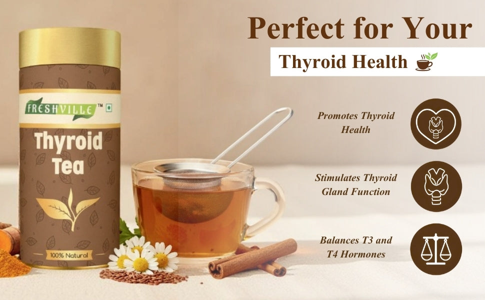 Freshville Thyroid Tea | Helps With Thyroid Support (Tsh T3 T4) | Ashwagandha, Turmeric, Liquorice, Nittle, Cinnamon, Ginger, Chamomile, Flax Seed, 100gm