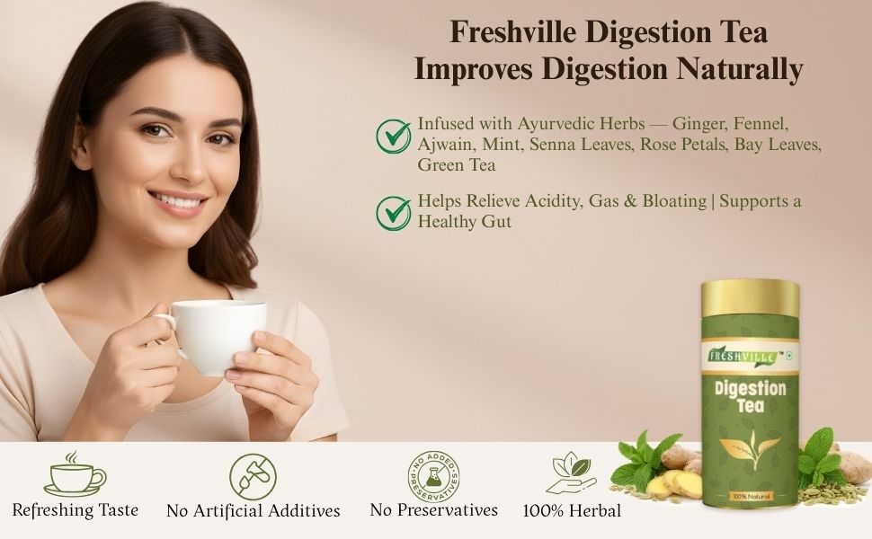 Freshville Digestion Tea | Improves Digestion, Bloating, Gas and Acidity relief with Herbs Ginger, Fennel, Ajwain, Mint, Senna leaves, Rose petals, Bay leaves, Green tea, 100gm