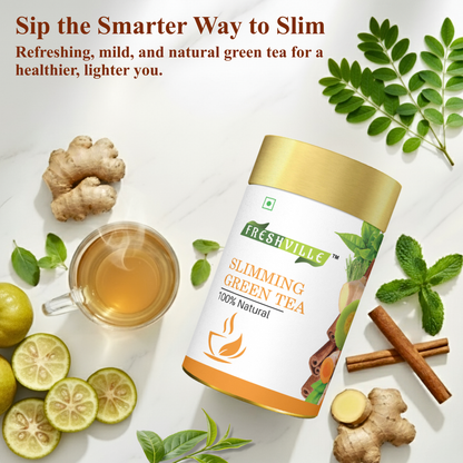 Freshville Slimming Green Tea | Burn Fat Easily with Herbs Garcinia, Cinnamon, Ginger, Lemongrass, Turmeric, Green tea, Senna leaf , 50gm