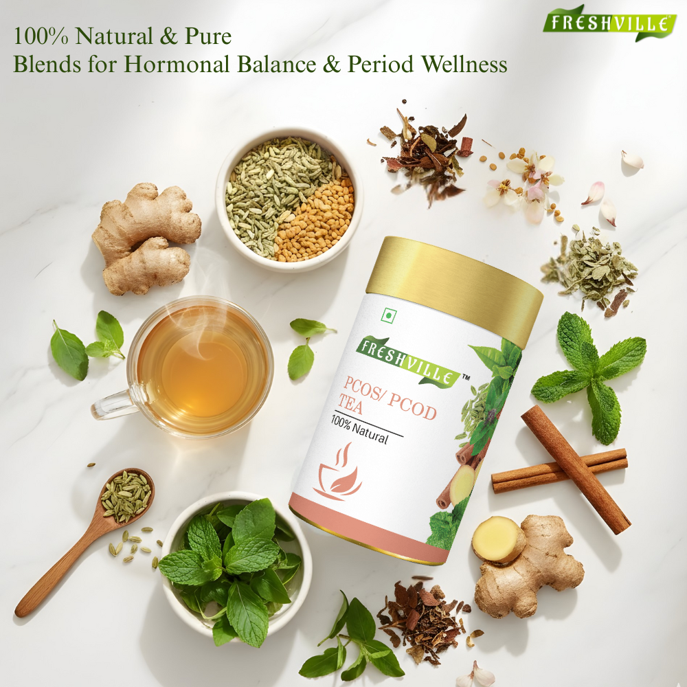 Freshville PCOS PCOD Tea | Regularizes period cycle with herbs Ginger, Fenugreek, Spearmint, Cinnamon, Fennel, Tulsi, Lodhra, Ashoka 50gm