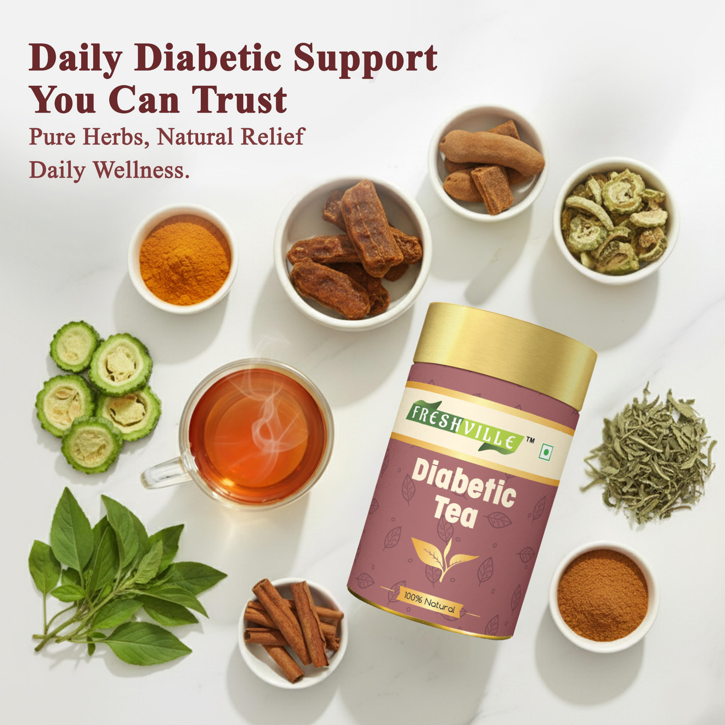 Freshville Anti Diabetic Tea | Control Blood Sugar level with herbs Turmeric, Tamarind, Karela, Tulsi, Cinnamon, Gurmar , 50gm