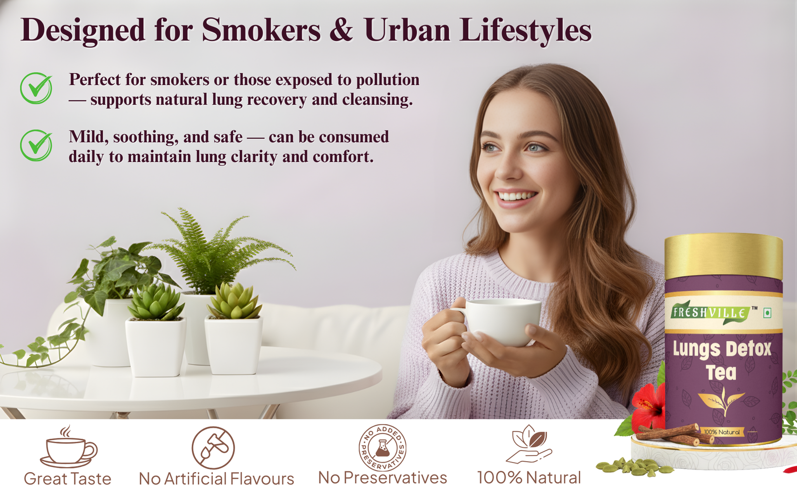 Freshville Lungs Detox Tea | Helps Quit Smoking And Clean Lungs with Herbs Moringa, Rose Petals, Peppermint, Lemongrass, Hibiscus, Cinnamon, Mulethi, Tulsi, Fenugreek, Ginger, Green Tea 45 month