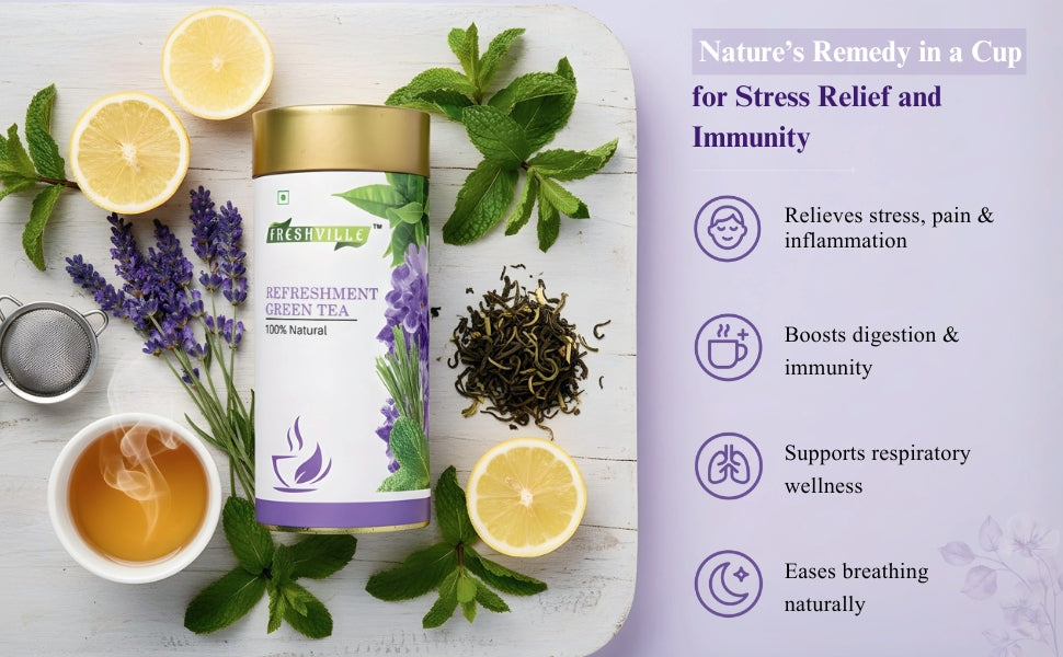 Freshville Refreshment Green Tea|  Antioxidant, Stress Relief & Good Sleep | Peppermint, Lemon, Lemongrass, Green Tea, Lavender