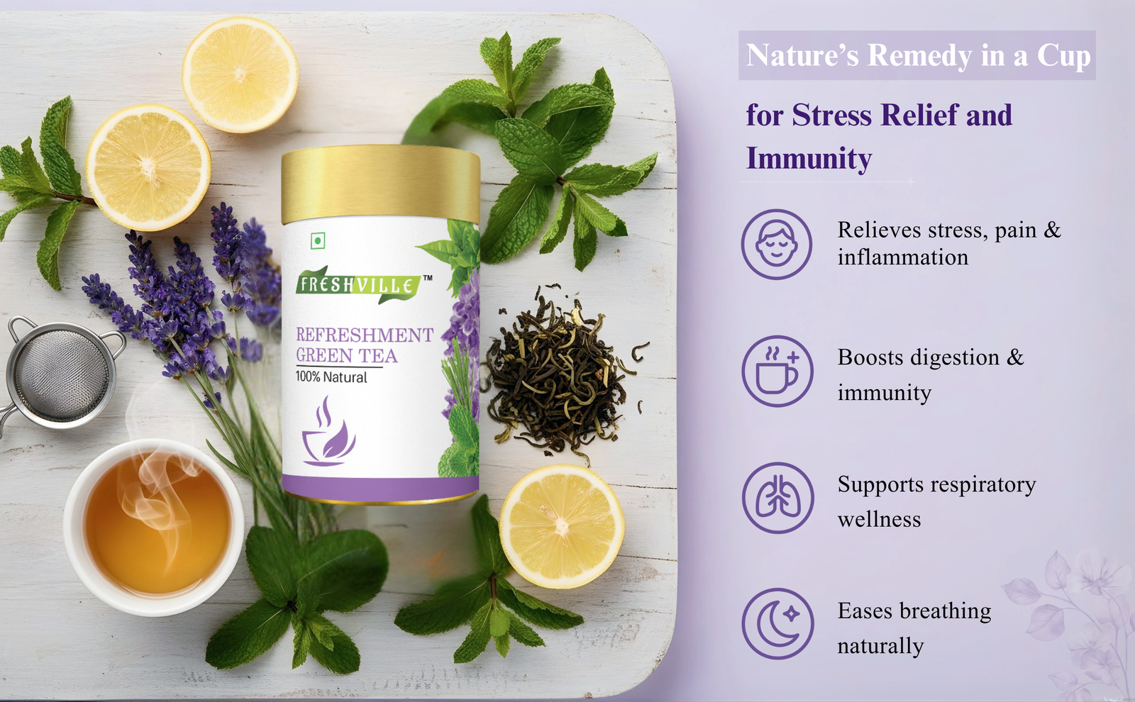 Freshville Refreshment Green Tea| Antioxidant, Stress Relief & Good Sleep | Peppermint, Lemon, Lemongrass, Green Tea, Lavender, 100gm