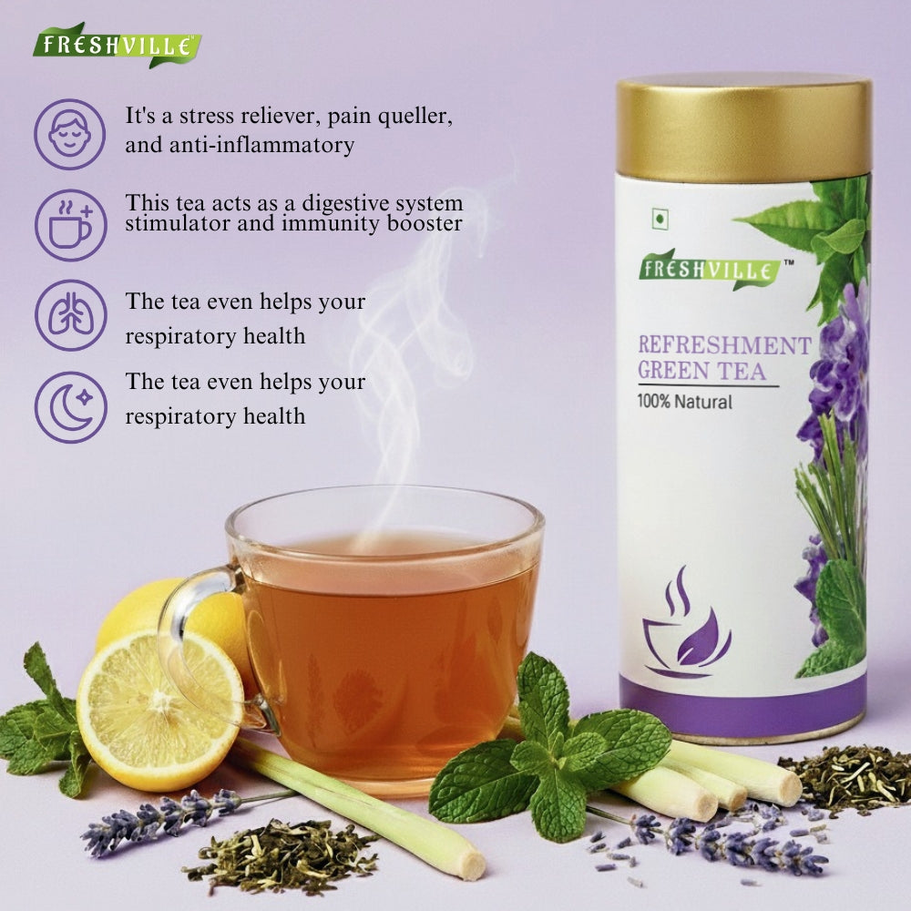 Freshville Refreshment Green Tea| Antioxidant, Stress Relief & Good Sleep | Peppermint, Lemon, Lemongrass, Green Tea, Lavender, 100gm