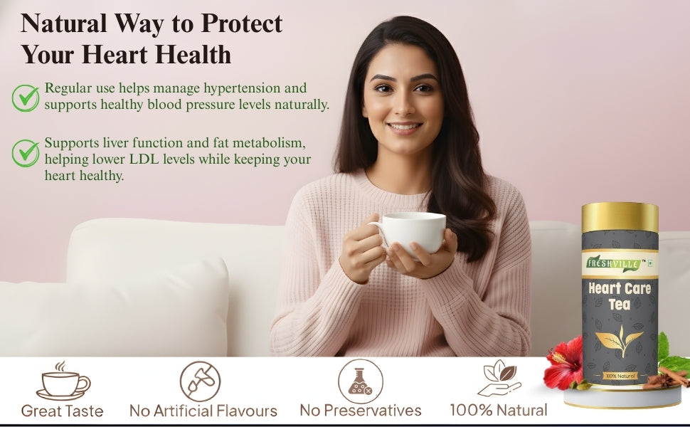 Freshville Heart Care Tea | Controls Blood Pressure with herbs Tulsi, Cardamom, Cinnamon, and Hibiscus , 3 month