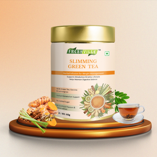 ಫ್ರೆಶ್‌ವಿಲ್ಲೆ ಸ್ಲಿಮ್ಮಿಂಗ್ ಗ್ರೀನ್ ಟೀ | ಮೆಟಾಬಾಲಿಸಮ್ ಸಪೋರ್ಟ್ | ಆಂಟಿಆಕ್ಸಿಡೆಂಟ್ ರಿಚ್ | 60 ಕಪ್‌ಗಳು | ಪ್ರೀಮಿಯಂ ಹರ್ಬಲ್ ಟೀ ಟಿನ್ | ನೈಸರ್ಗಿಕ ಕೊಬ್ಬಿನ ಮೆಟಾಬಾಲಿಸಮ್ ಮತ್ತು ವೆಲ್‌ನೆಸ್ ಸಪೋರ್ಟ್