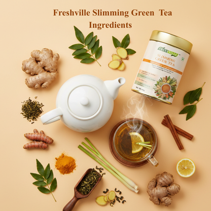 ஃப்ரெஷ்வில்லே ஸ்லிம்மிங் கிரீன் டீ | வளர்சிதை மாற்ற ஆதரவு | ஆக்ஸிஜனேற்ற எதிர்ப்பு | 60 கப் | பிரீமியம் ஹெர்பல் டீ டின் | இயற்கை கொழுப்பு வளர்சிதை மாற்றம் & ஆரோக்கிய ஆதரவு
