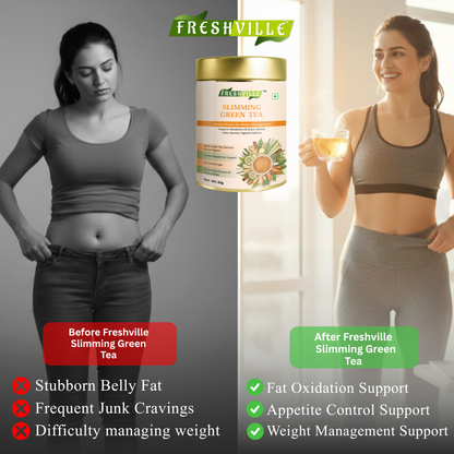 ஃப்ரெஷ்வில்லே ஸ்லிம்மிங் கிரீன் டீ | வளர்சிதை மாற்ற ஆதரவு | ஆக்ஸிஜனேற்ற எதிர்ப்பு | 60 கப் | பிரீமியம் ஹெர்பல் டீ டின் | இயற்கை கொழுப்பு வளர்சிதை மாற்றம் & ஆரோக்கிய ஆதரவு