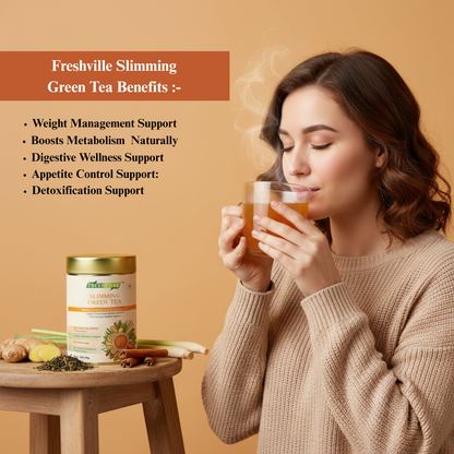 ஃப்ரெஷ்வில்லே ஸ்லிம்மிங் கிரீன் டீ | வளர்சிதை மாற்ற ஆதரவு | ஆக்ஸிஜனேற்ற எதிர்ப்பு | 60 கப் | பிரீமியம் ஹெர்பல் டீ டின் | இயற்கை கொழுப்பு வளர்சிதை மாற்றம் & ஆரோக்கிய ஆதரவு
