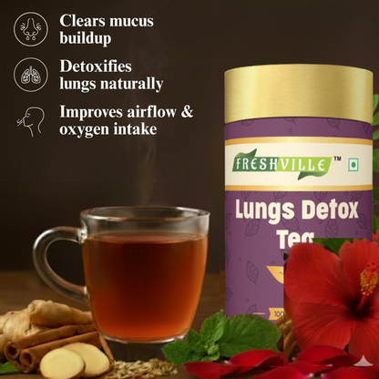 Freshville Lungs Detox Tea | Helps Quit Smoking And Clean Lungs with Herbs Moringa, Rose Petals, Peppermint, Lemongrass, Hibiscus, Cinnamon, Mulethi, Tulsi, Fenugreek, Ginger, Green Tea 45 month