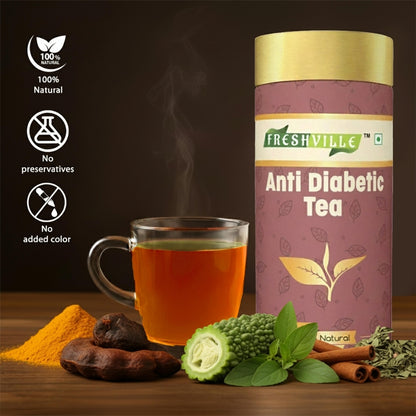 Freshville Anti Diabetic Tea | Control Blood Sugar level with herbs Turmeric, Tamarind, Karela, Tulsi, Cinnamon, Gurmar , 3 month