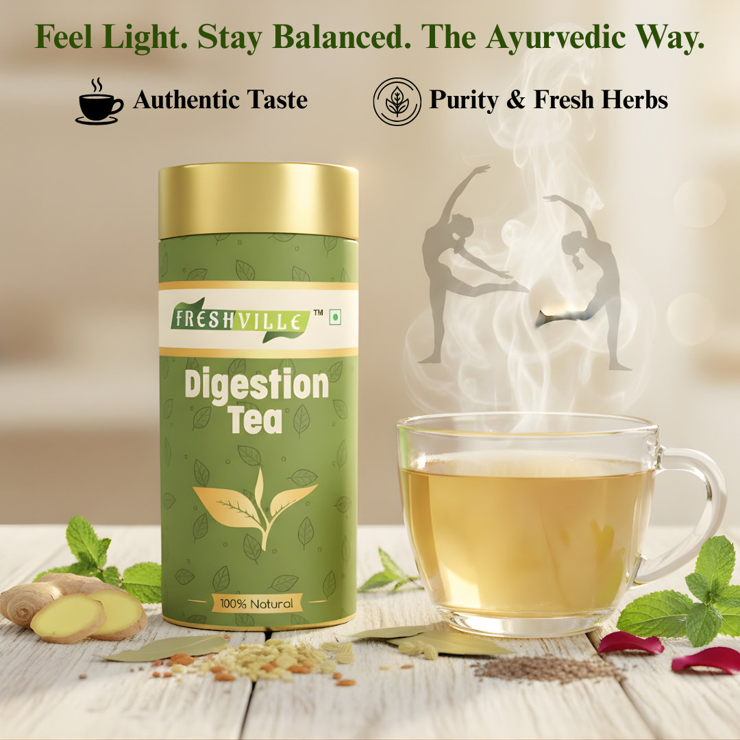 Freshville Digestion Tea | Improves Digestion, Bloating, Gas and Acidity relief with Herbs Ginger, Fennel, Ajwain, Mint, Senna leaves, Rose petals, Bay leaves, Green tea, 100gm