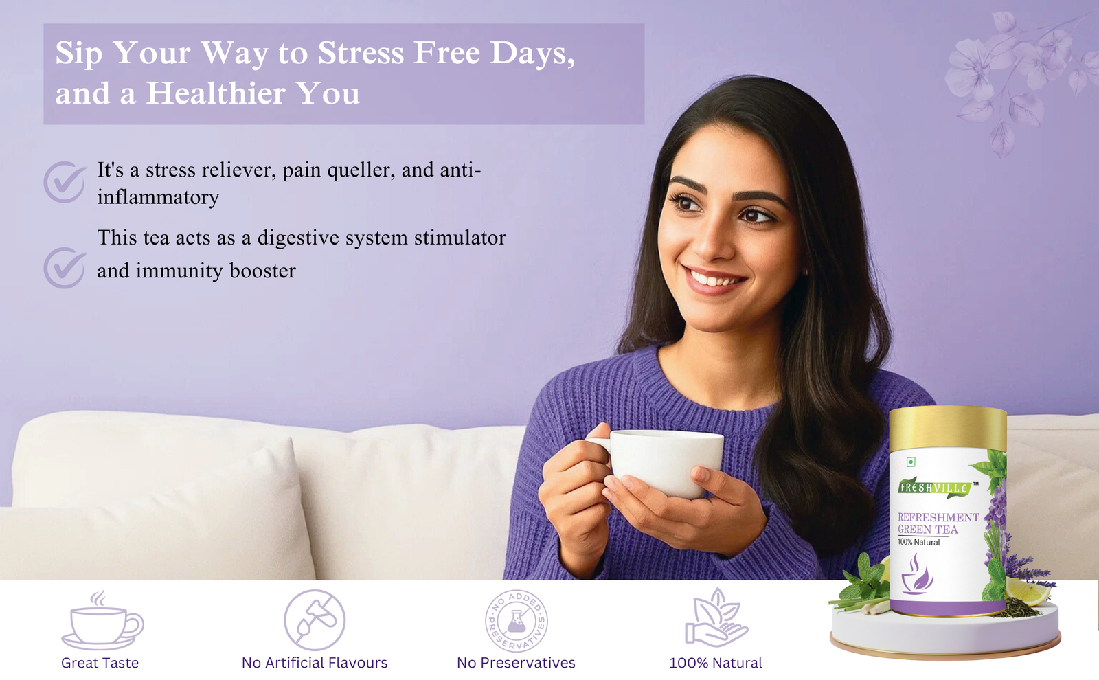 Freshville Refreshment Green Tea| Antioxidant, Stress Relief & Good Sleep | Peppermint, Lemon, Lemongrass, Green Tea, Lavender, 100gm