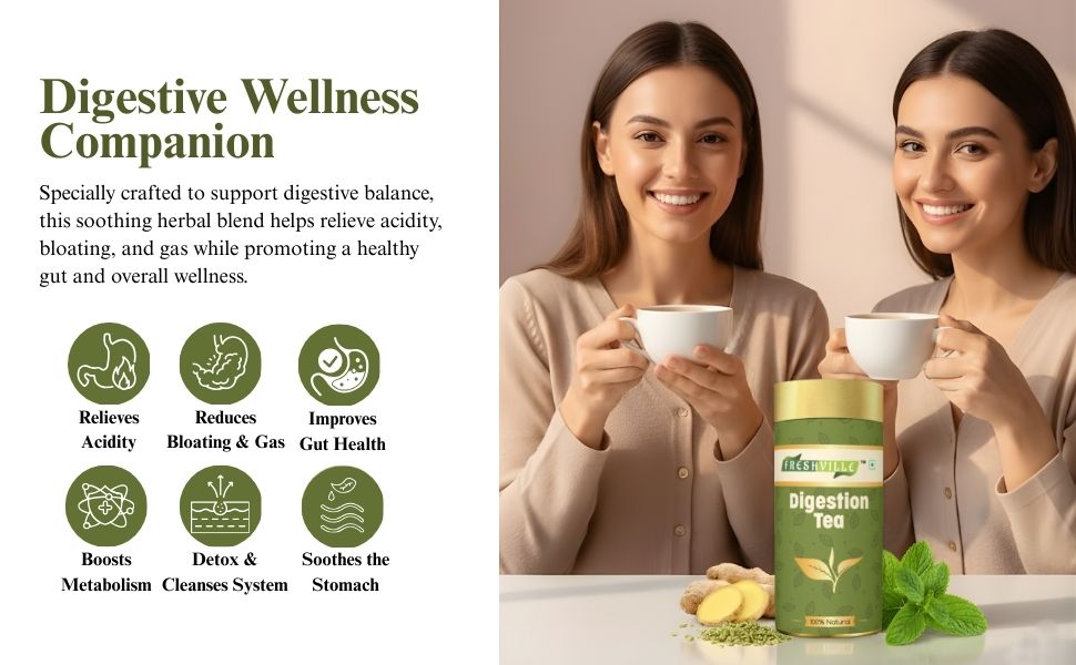 Freshville Digestion Tea | Improves Digestion, Bloating, Gas and Acidity relief with Herbs Ginger, Fennel, Ajwain, Mint, Senna leaves, Rose petals, Bay leaves, Green tea, 100gm