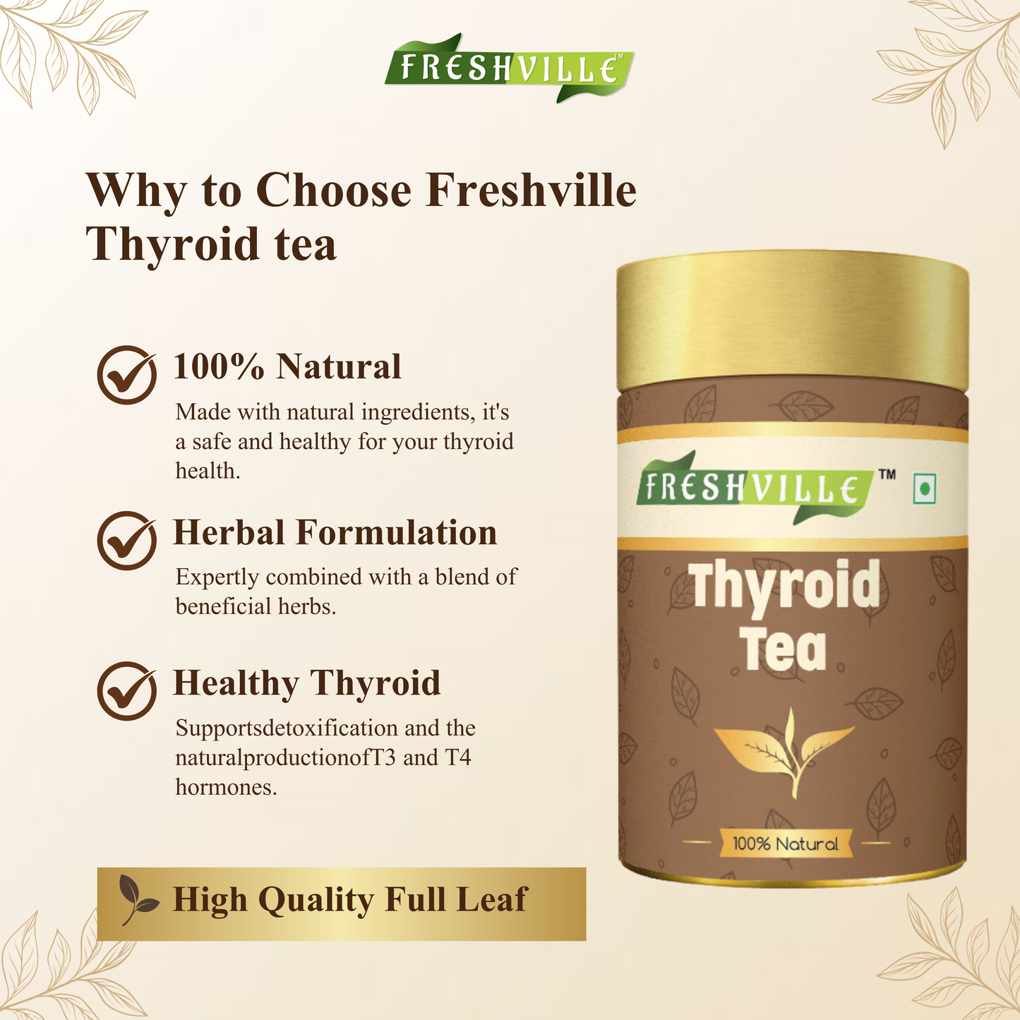 Freshville Thyroid Tea | Helps With Thyroid Support (Tsh T3 T4) | Ashwagandha, Turmeric, Liquorice, Nittle, Cinnamon, Ginger, Chamomile, Flax Seed, 45 Day