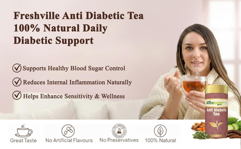 Freshville Anti Diabetic Tea | Control Blood Sugar level with herbs Turmeric, Tamarind, Karela, Tulsi, Cinnamon, Gurmar , 3 month