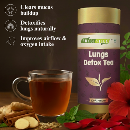 Freshville Lungs Detox Tea | Helps Quit Smoking And Clean Lungs with Herbs Moringa, Rose Petals, Peppermint, Lemongrass, Hibiscus, Cinnamon, Mulethi, Tulsi, Fenugreek, Ginger, Green Tea, 3 month