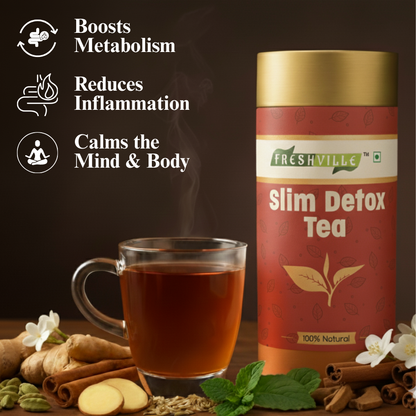 Freshville Slim Detox Tea | Slim Down & Detoxify Body wiith Herbs Cardamom, Fennel, Ginger, Green Tea, Jasmine, Lemongrass, Liquorice, Mint, Tulsi, and Turmeric.