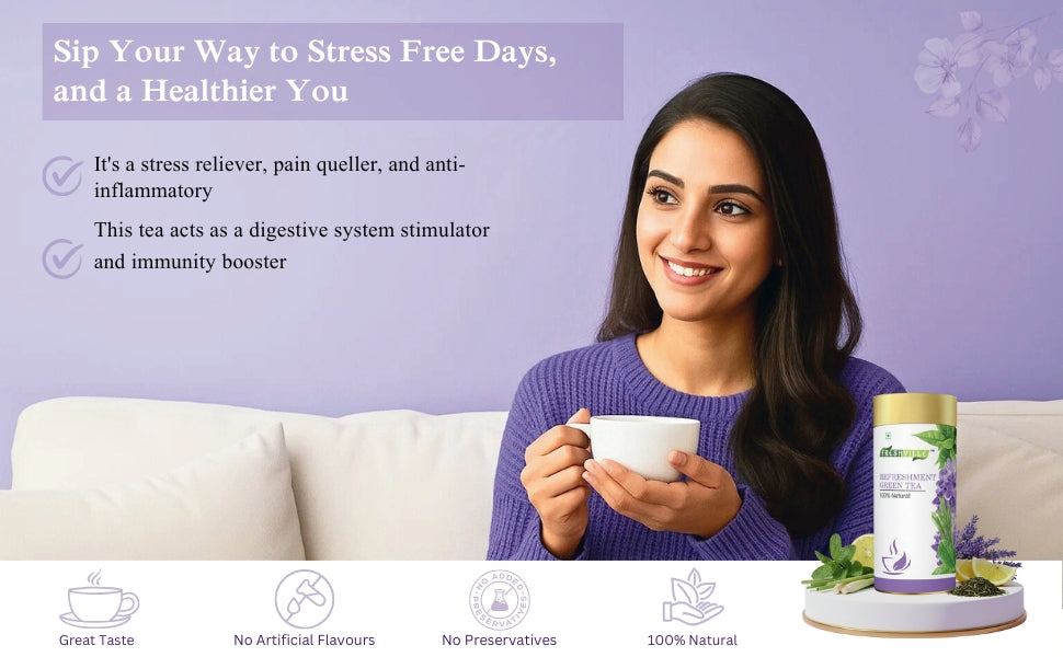 Freshville Refreshment Green Tea|  Antioxidant, Stress Relief & Good Sleep | Peppermint, Lemon, Lemongrass, Green Tea, Lavender