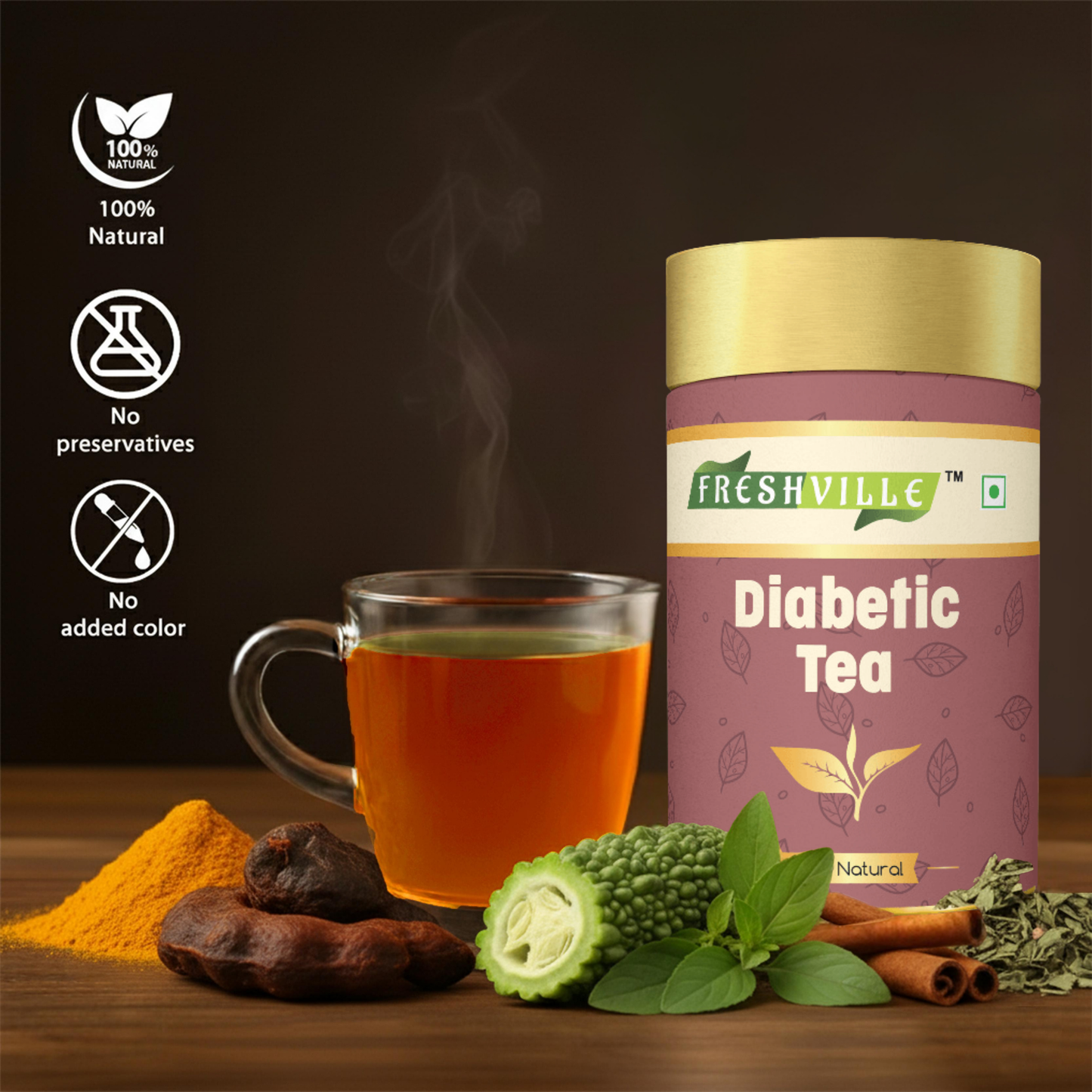 Freshville Anti Diabetic Tea | Control Blood Sugar level with herbs Turmeric, Tamarind, Karela, Tulsi, Cinnamon, Gurmar , 50gm