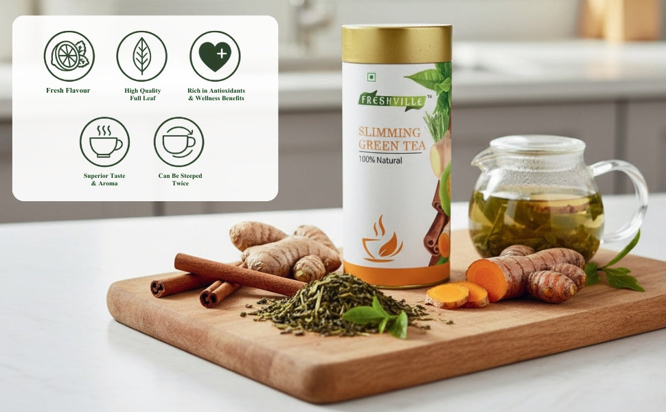 Freshville Slimming Green Tea | Burn Fat Easily with Herbs Garcinia, Cinnamon, Ginger, Lemongrass, Turmeric, Green tea, Senna leaf , 100gm