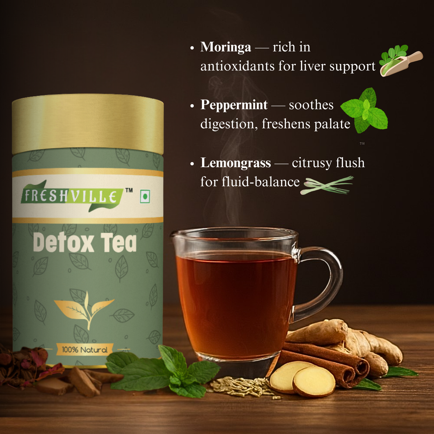Freshville Detox Tea | Detoxify Body with herbs Peppermint, Lemongrass, Hibiscus, Cardamom, Cinnamon, Green Tea, 50gm