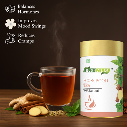 Freshville PCOS PCOD Tea | Regularizes period cycle with herbs Ginger, Fenugreek, Spearmint, Cinnamon, Fennel, Tulsi, Lodhra, Ashoka 50gm