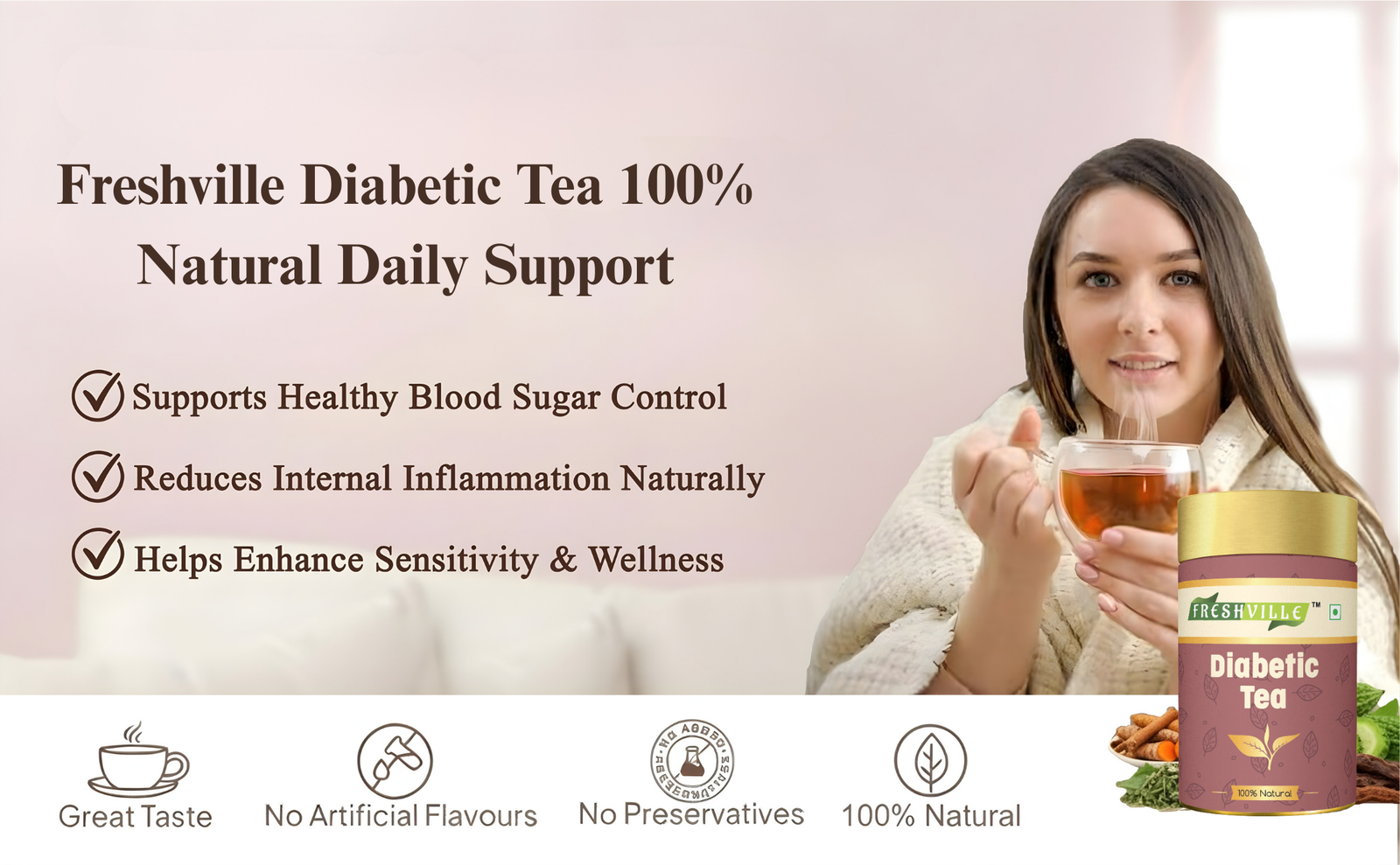 Freshville Anti Diabetic Tea | Control Blood Sugar level with herbs Turmeric, Tamarind, Karela, Tulsi, Cinnamon, Gurmar , 50gm