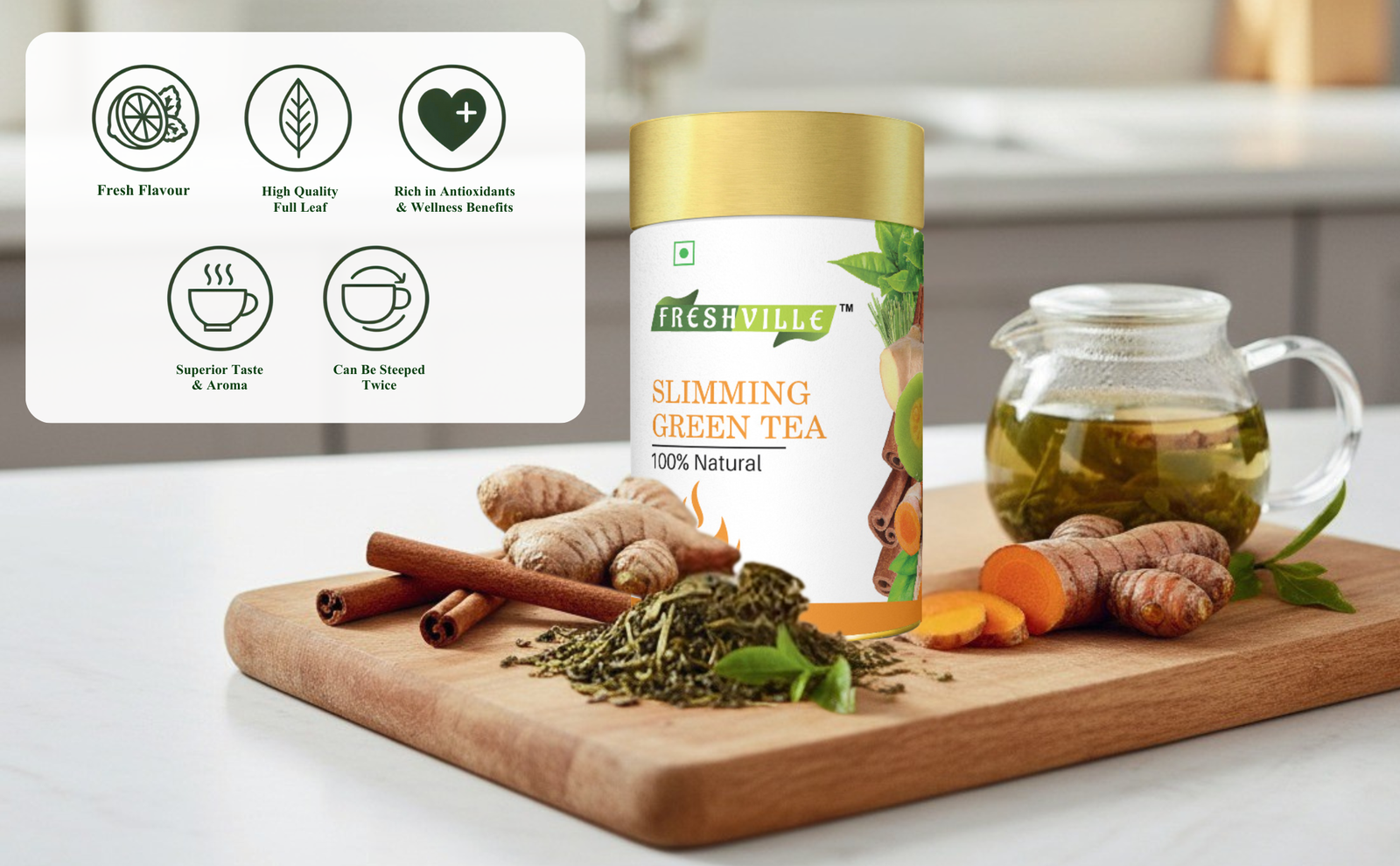 Freshville Slimming Green Tea | Burn Fat Easily with Herbs Garcinia, Cinnamon, Ginger, Lemongrass, Turmeric, Green tea, Senna leaf , 50gm