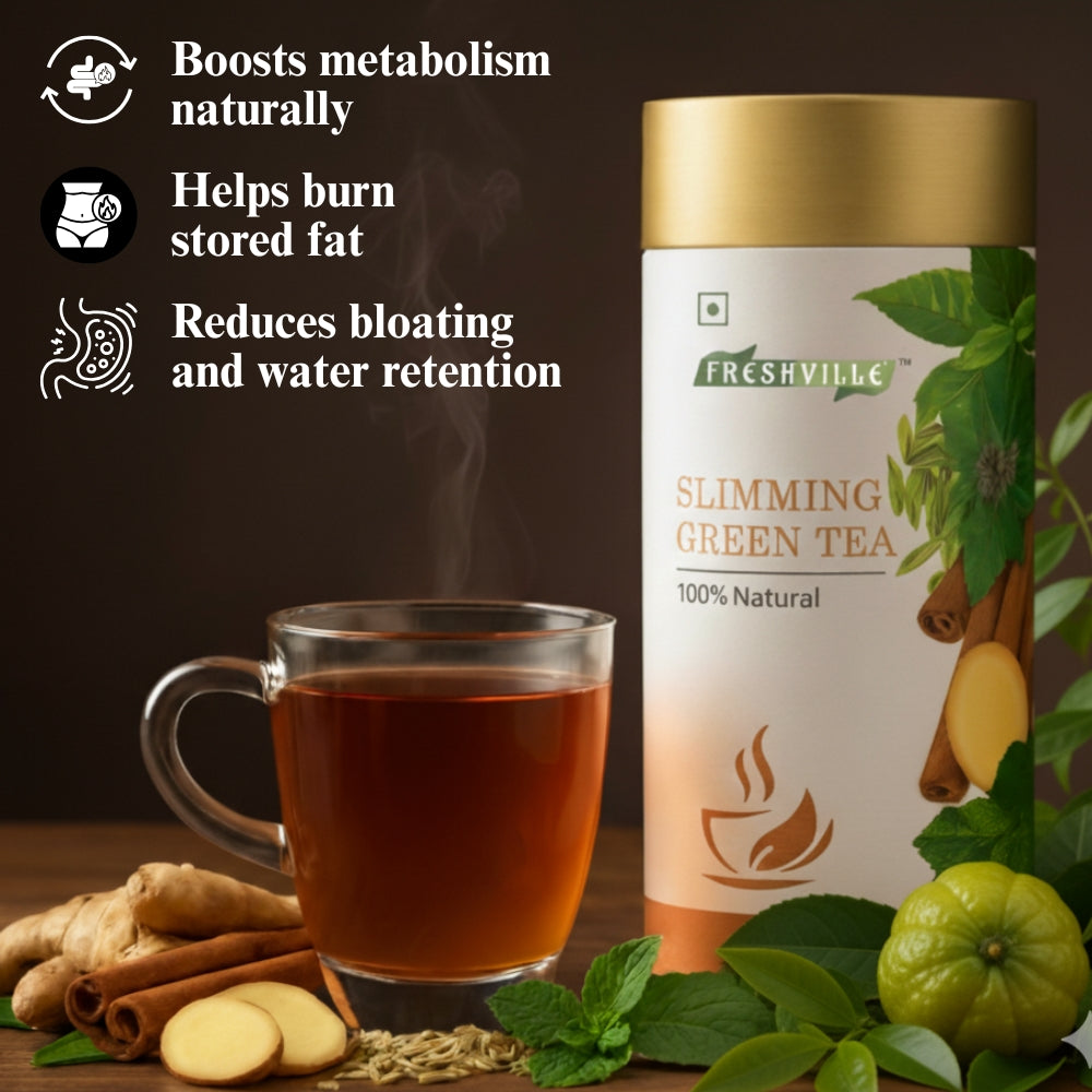 Freshville Slimming Green Tea | Burn Fat Easily with Herbs Garcinia, Cinnamon, Ginger, Lemongrass, Turmeric, Green tea, Senna leaf , 100gm