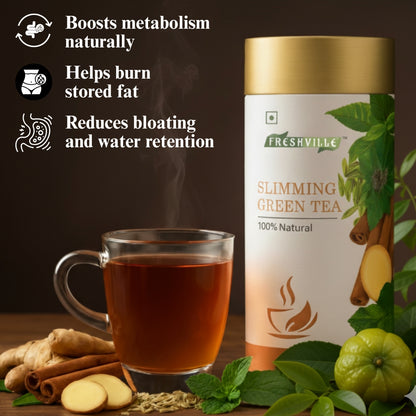 Freshville Slimming Green Tea | Burn Fat Easily with Herbs Garcinia, Cinnamon, Ginger, Lemongrass, Turmeric, Green tea, Senna leaf , 100gm