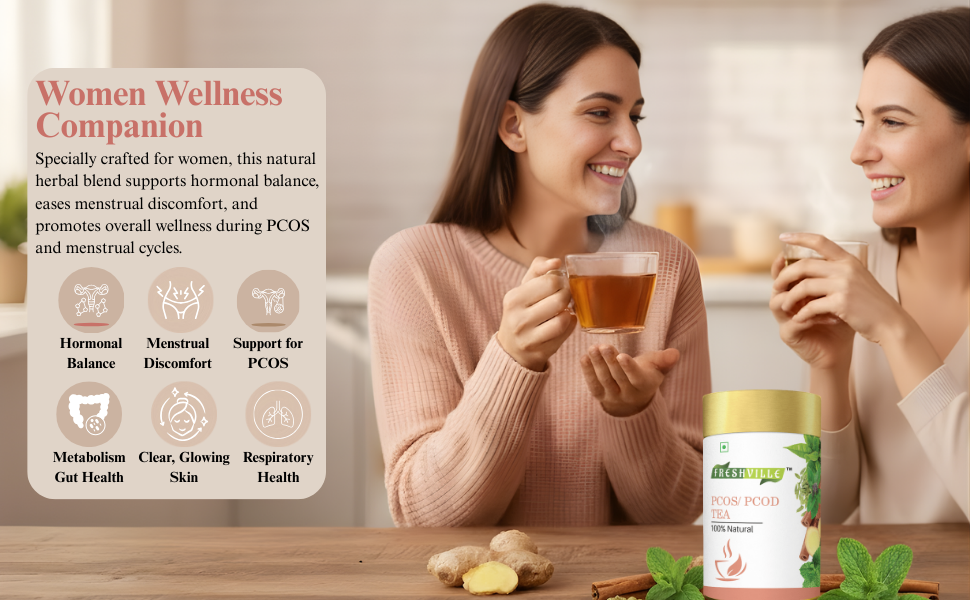 Freshville PCOS PCOD Tea | Regularizes period cycle with herbs Ginger, Fenugreek, Spearmint, Cinnamon, Fennel, Tulsi, Lodhra, Ashoka 50gm