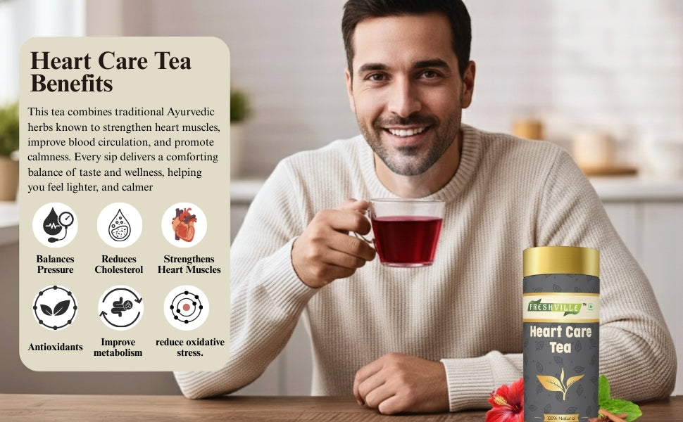 Freshville Heart Care Tea | Controls Blood Pressure with herbs Tulsi, Cardamom, Cinnamon, and Hibiscus , 3 month