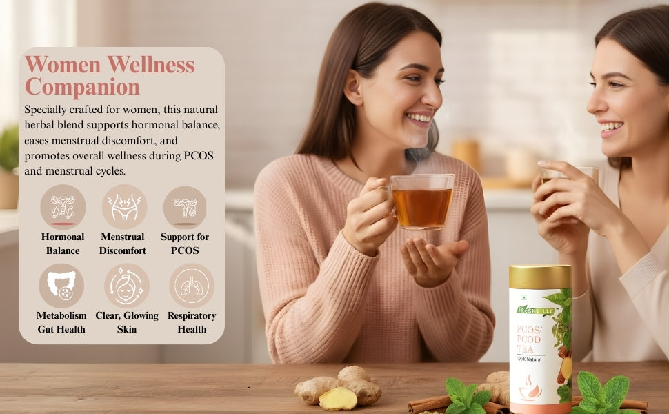 Freshville PCOS PCOD Tea | Regularizes period cycle with herbs Ginger, Fenugreek, Spearmint, Cinnamon, Fennel, Tulsi, Lodhra, Ashoka 100 Gm