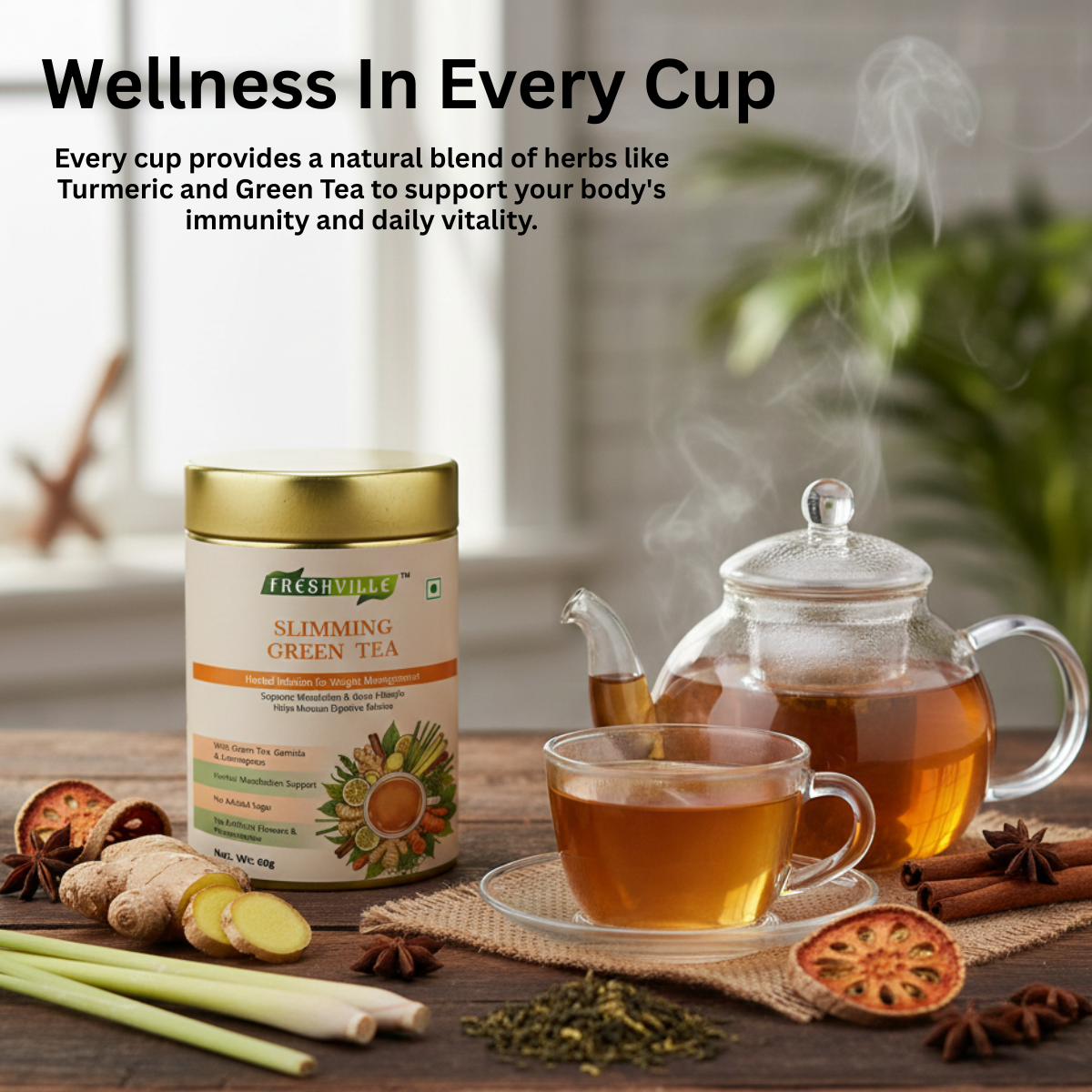 ஃப்ரெஷ்வில்லே ஸ்லிம்மிங் கிரீன் டீ | வளர்சிதை மாற்ற ஆதரவு | ஆக்ஸிஜனேற்ற எதிர்ப்பு | 60 கப் | பிரீமியம் ஹெர்பல் டீ டின் | இயற்கை கொழுப்பு வளர்சிதை மாற்றம் & ஆரோக்கிய ஆதரவு