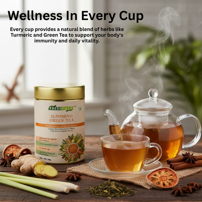 ஃப்ரெஷ்வில்லே ஸ்லிம்மிங் கிரீன் டீ | வளர்சிதை மாற்ற ஆதரவு | ஆக்ஸிஜனேற்ற எதிர்ப்பு | 60 கப் | பிரீமியம் ஹெர்பல் டீ டின் | இயற்கை கொழுப்பு வளர்சிதை மாற்றம் & ஆரோக்கிய ஆதரவு