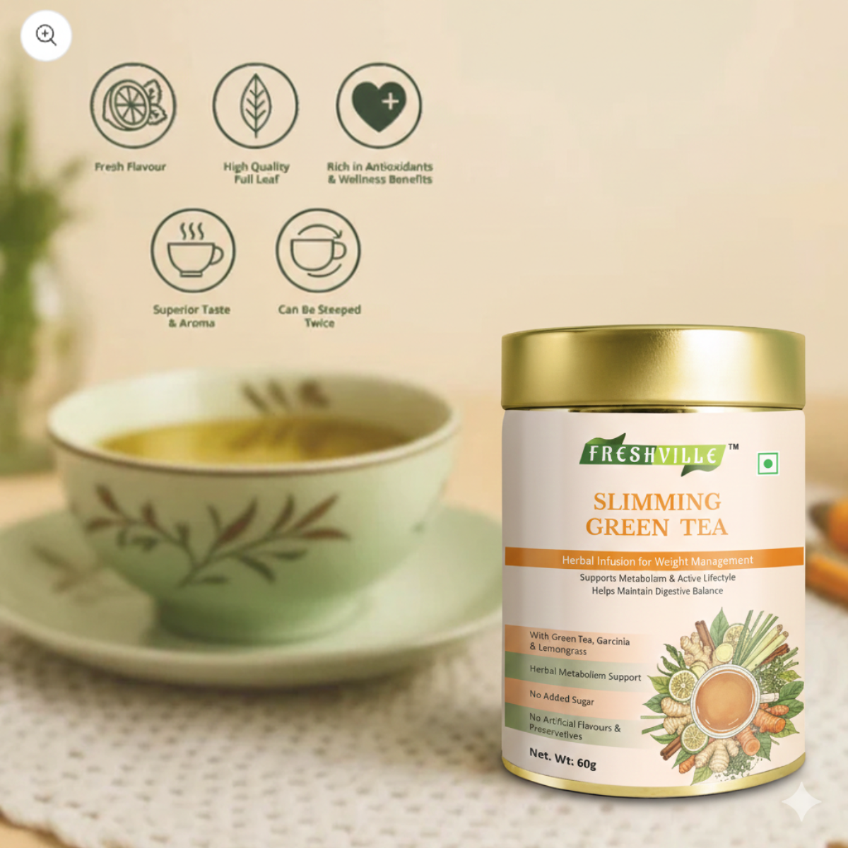 ஃப்ரெஷ்வில்லே ஸ்லிம்மிங் கிரீன் டீ | வளர்சிதை மாற்ற ஆதரவு | ஆக்ஸிஜனேற்ற எதிர்ப்பு | 60 கப் | பிரீமியம் ஹெர்பல் டீ டின் | இயற்கை கொழுப்பு வளர்சிதை மாற்றம் & ஆரோக்கிய ஆதரவு