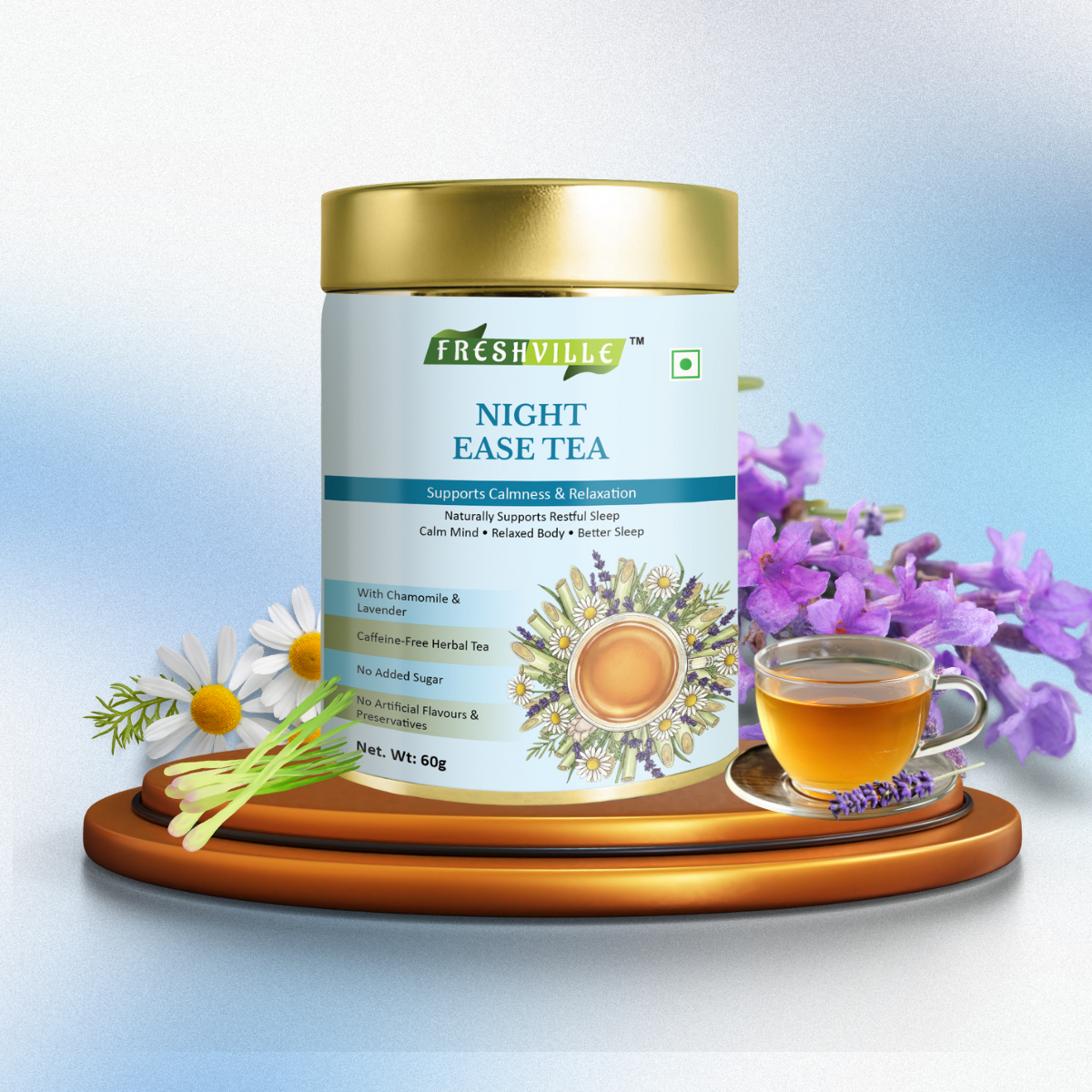 ஃப்ரெஷ்வில் நைட் ஈஸ் ஹெர்பல் டீ | ரிலாக்ஸ் & சாந்தமான சப்போர்ட் | காஃபின் இல்லாத | இயற்கை தூக்கம் & மன அழுத்தத்தை குறைக்கும் டீ | அமைதிப்படுத்தும் மூலிகை கலவை