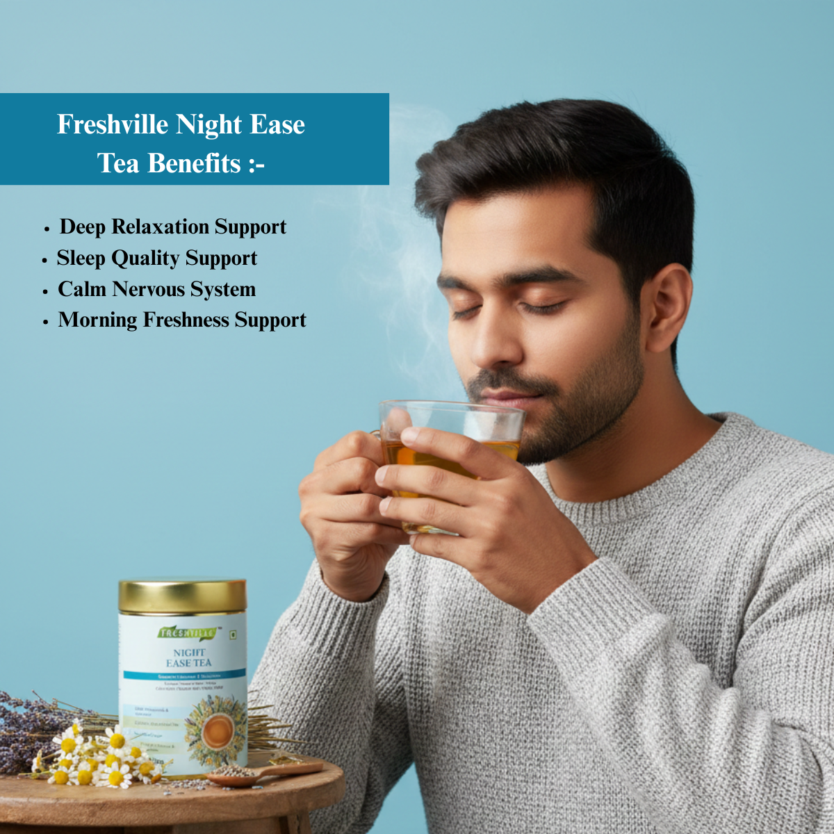 ஃப்ரெஷ்வில் நைட் ஈஸ் ஹெர்பல் டீ | ரிலாக்ஸ் & சாந்தமான சப்போர்ட் | காஃபின் இல்லாத | இயற்கை தூக்கம் & மன அழுத்தத்தை குறைக்கும் டீ | அமைதிப்படுத்தும் மூலிகை கலவை
