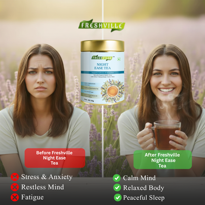 ஃப்ரெஷ்வில் நைட் ஈஸ் ஹெர்பல் டீ | ரிலாக்ஸ் & சாந்தமான சப்போர்ட் | காஃபின் இல்லாத | இயற்கை தூக்கம் & மன அழுத்தத்தை குறைக்கும் டீ | அமைதிப்படுத்தும் மூலிகை கலவை