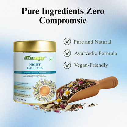 ஃப்ரெஷ்வில் நைட் ஈஸ் ஹெர்பல் டீ | ரிலாக்ஸ் & சாந்தமான சப்போர்ட் | காஃபின் இல்லாத | இயற்கை தூக்கம் & மன அழுத்தத்தை குறைக்கும் டீ | அமைதிப்படுத்தும் மூலிகை கலவை