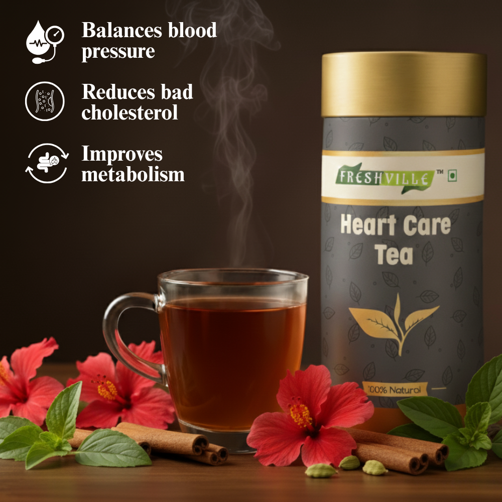 Freshville Heart Care Tea | Controls Blood Pressure with herbs Tulsi, Cardamom, Cinnamon, and Hibiscus , 3 month