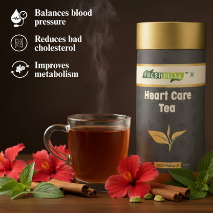 Freshville Heart Care Tea | Controls Blood Pressure with herbs Tulsi, Cardamom, Cinnamon, and Hibiscus , 3 month